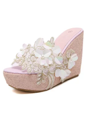 Beaded Flowers Platform Wedges Women Slippers