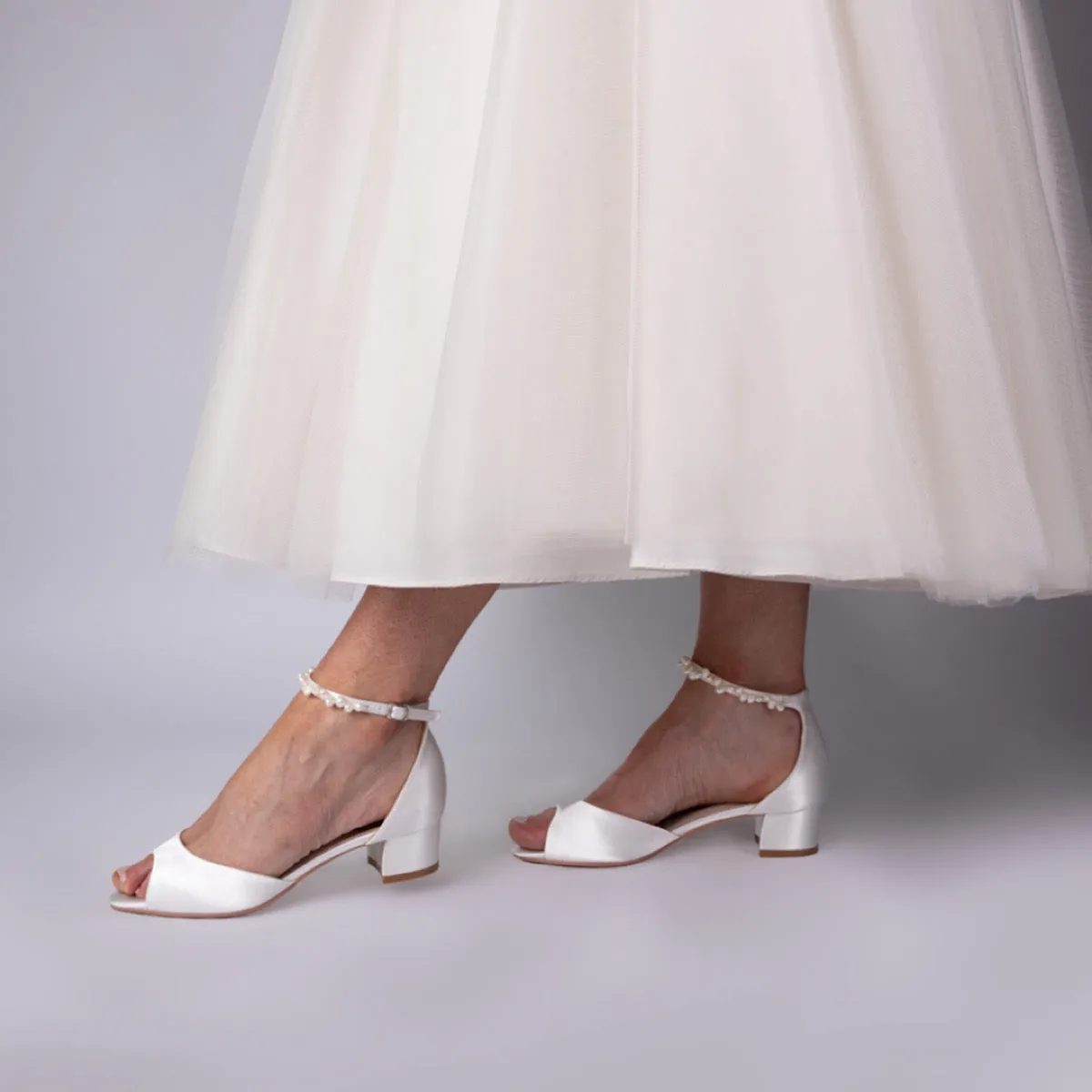 Block Heel Wedding Sandal Ivory Satin Keshi Pearl Ankle Strap By Perfect Bridal, Fiona