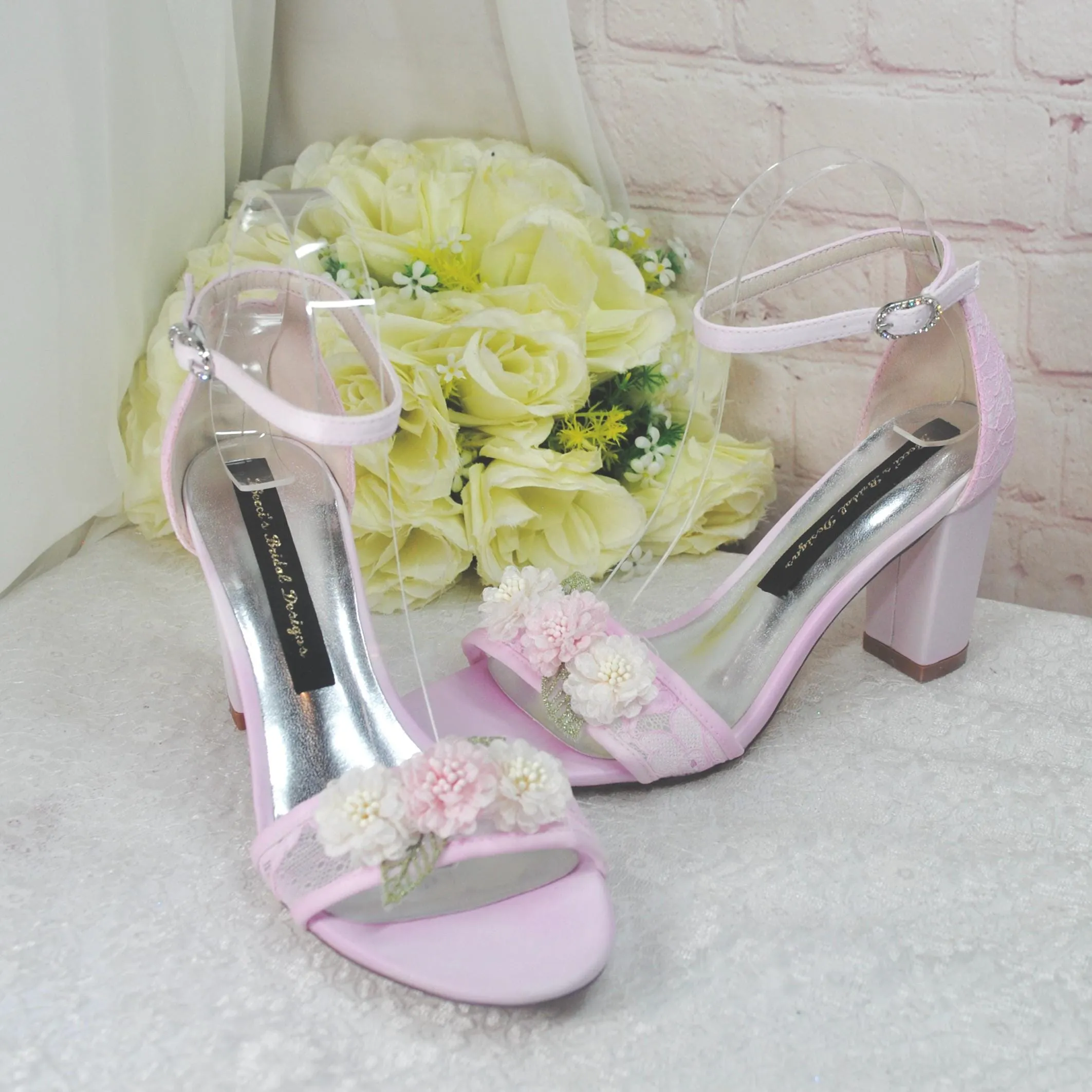 Blush Pink Block Heel with 3D Flower