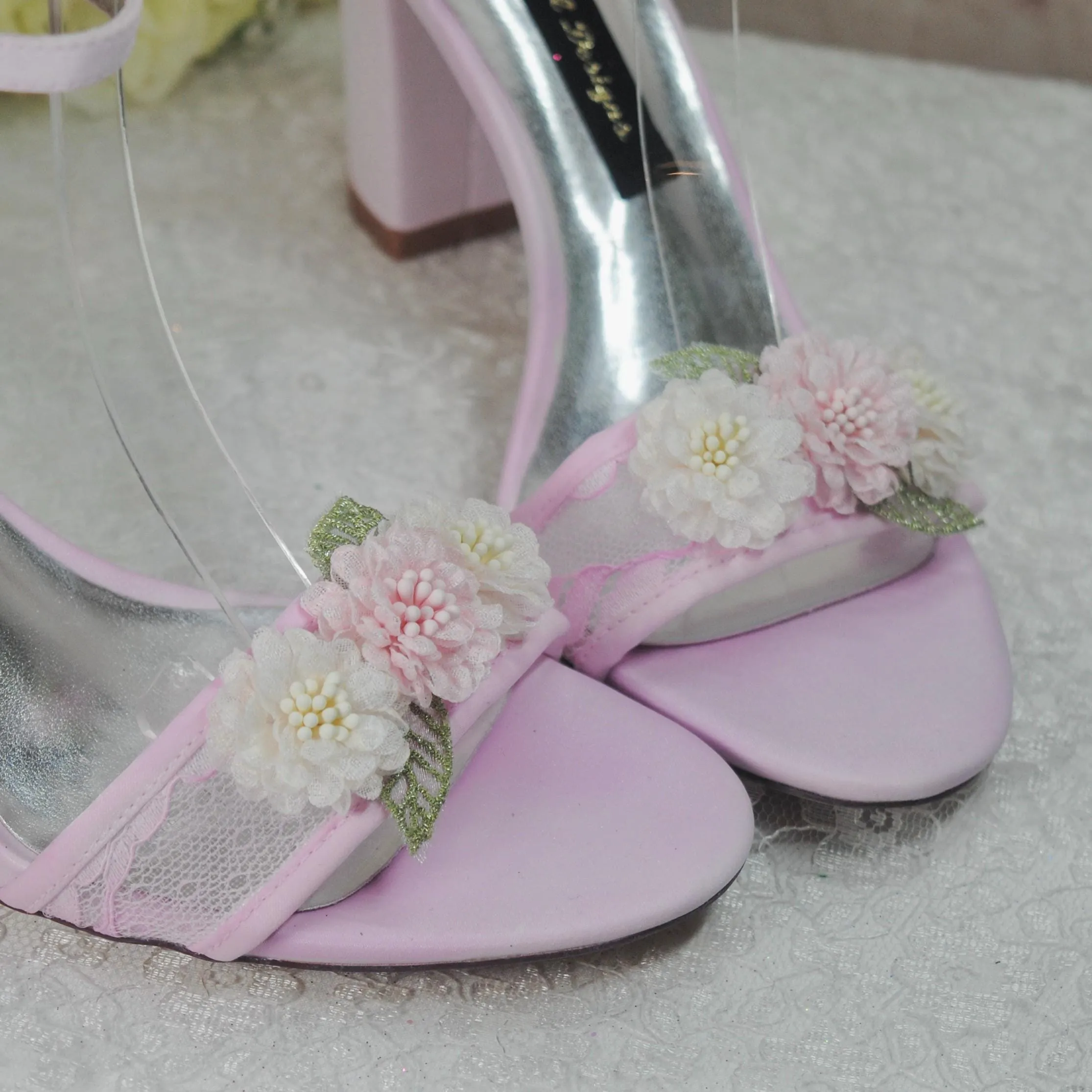 Blush Pink Block Heel with 3D Flower
