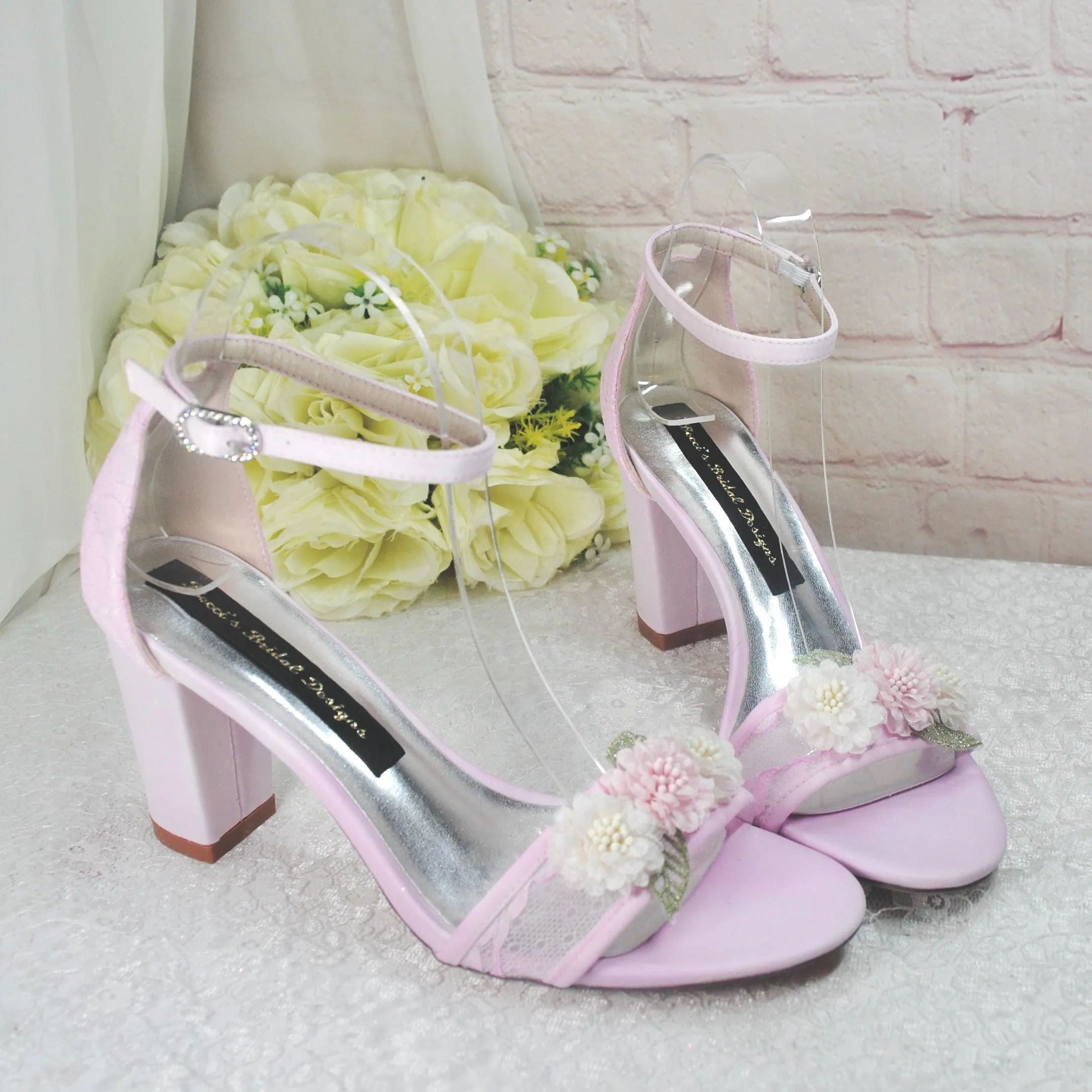 Blush Pink Block Heel with 3D Flower