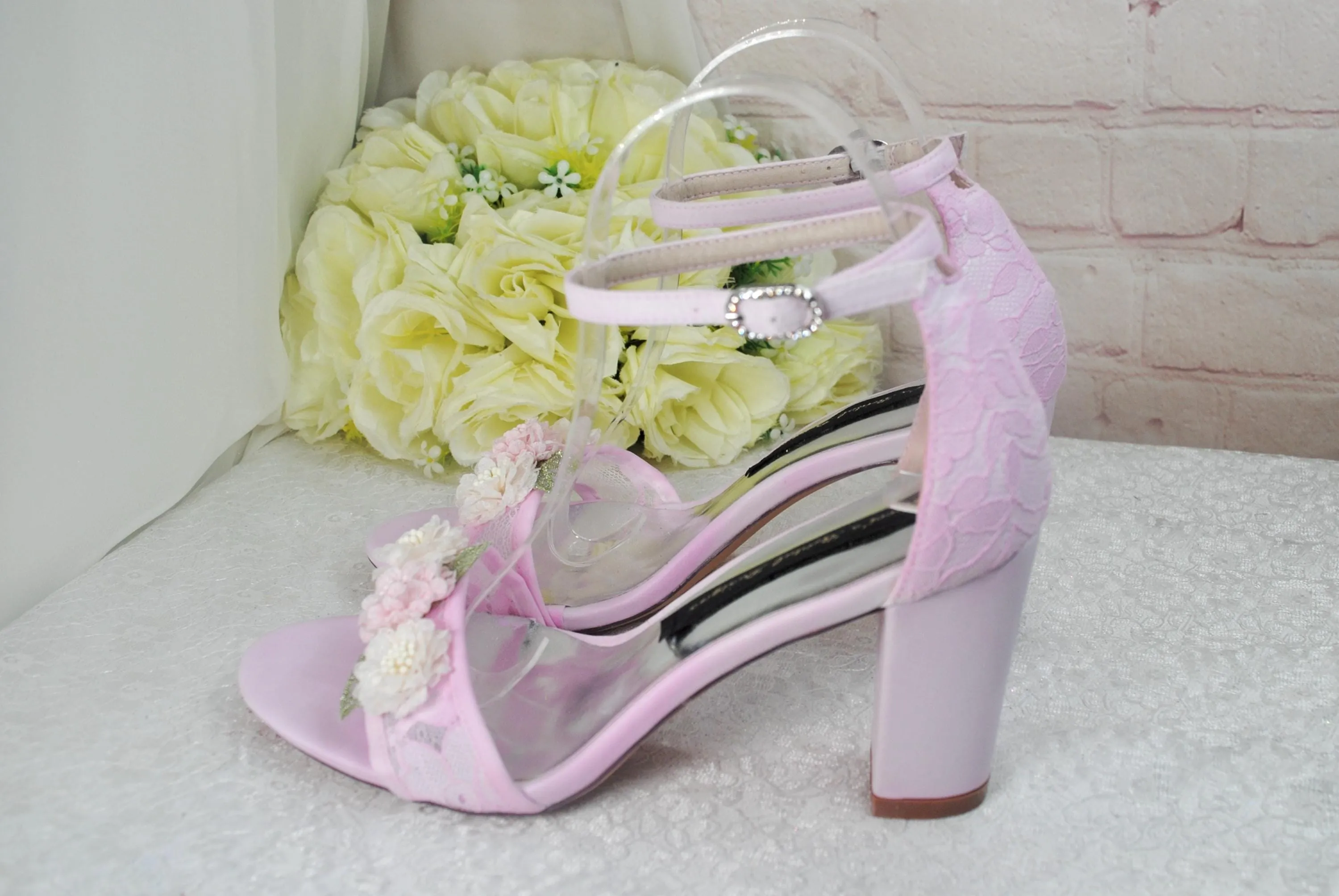 Blush Pink Block Heel with 3D Flower