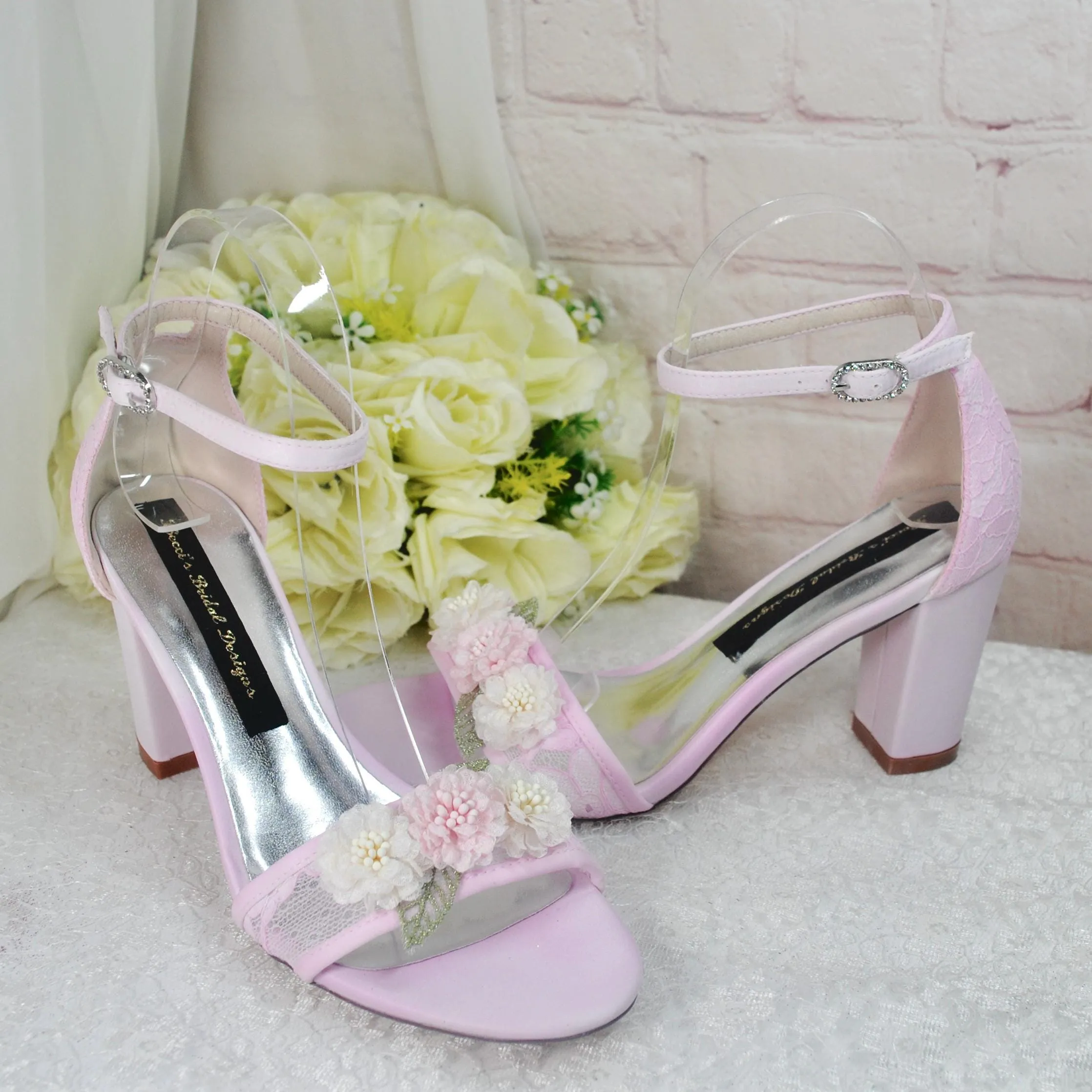 Blush Pink Block Heel with 3D Flower