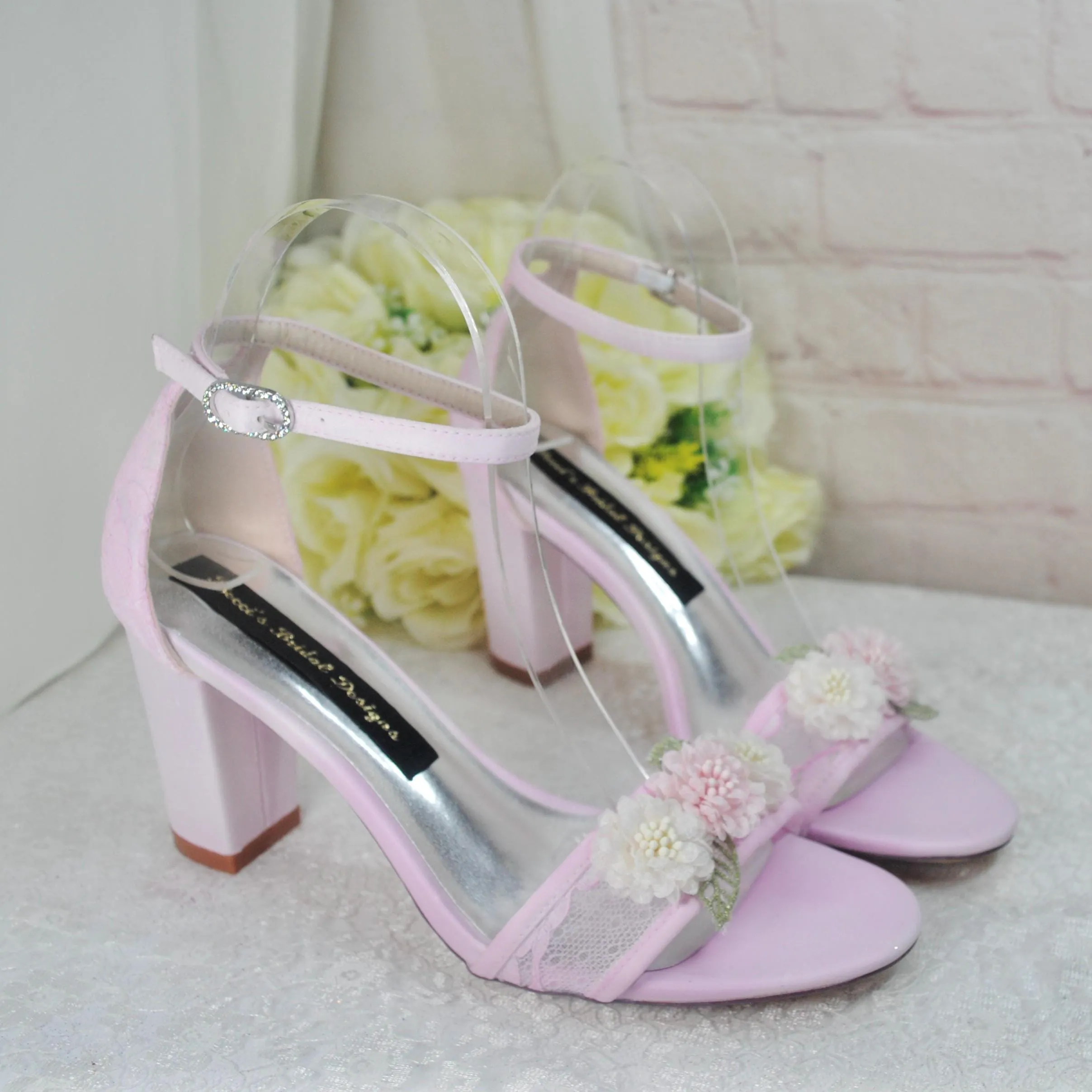 Blush Pink Block Heel with 3D Flower