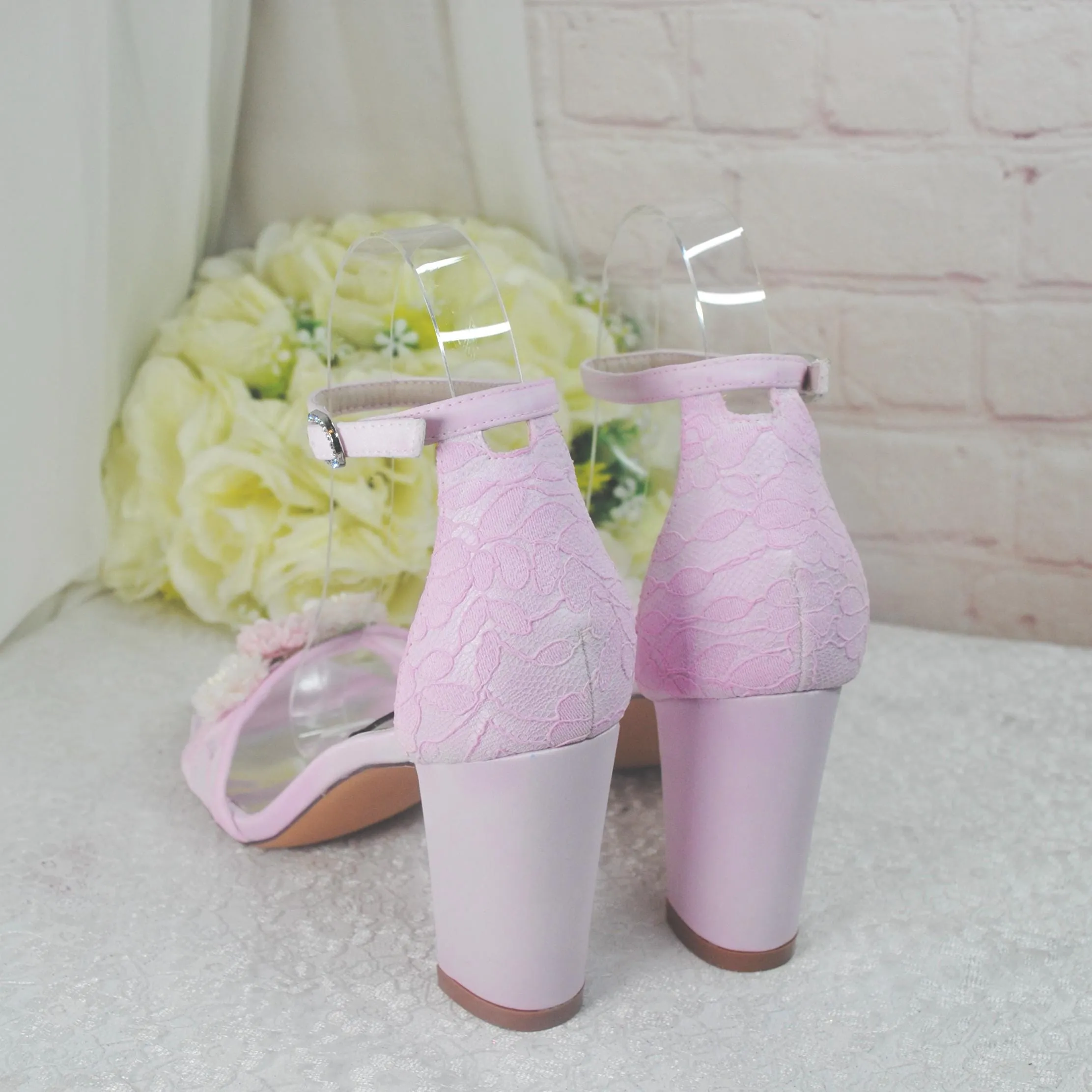 Blush Pink Block Heel with 3D Flower
