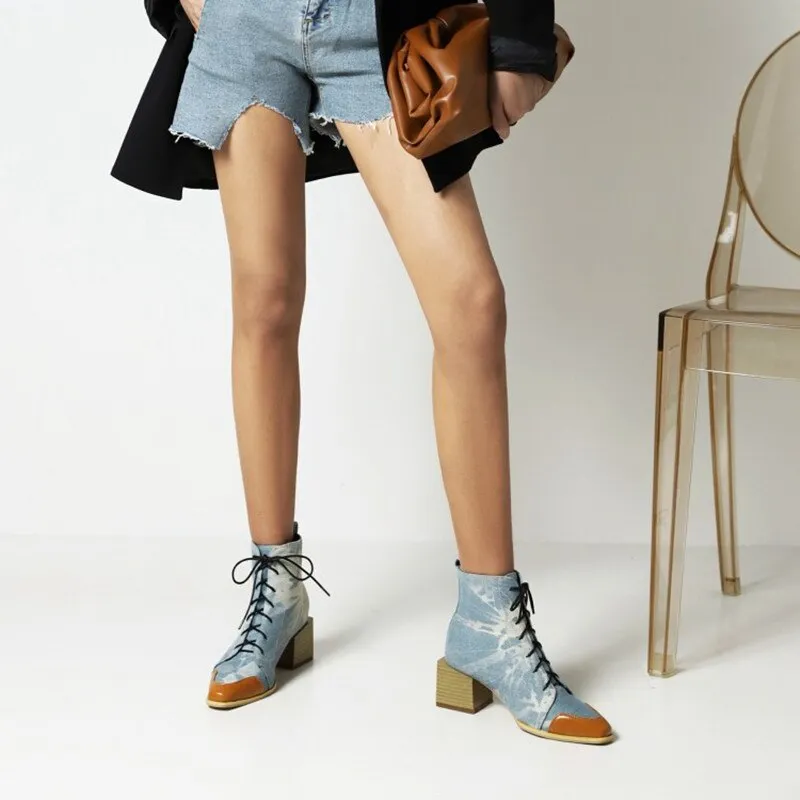 Chic Square Block Heels Booties Women Big Plus