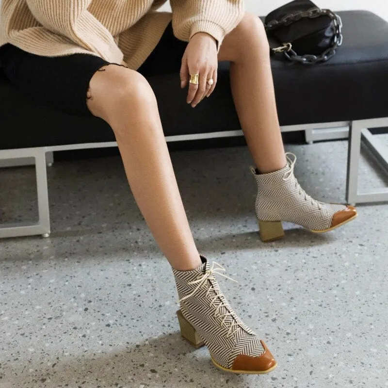 Chic Square Block Heels Booties Women Big Plus