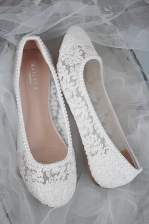Crochet Lace Round Toe Flats with Mini Pearls