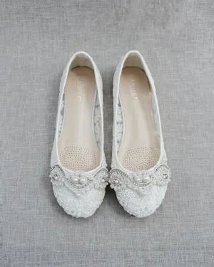 Crochet Lace Round Toe Flats with Small Pearls Applique