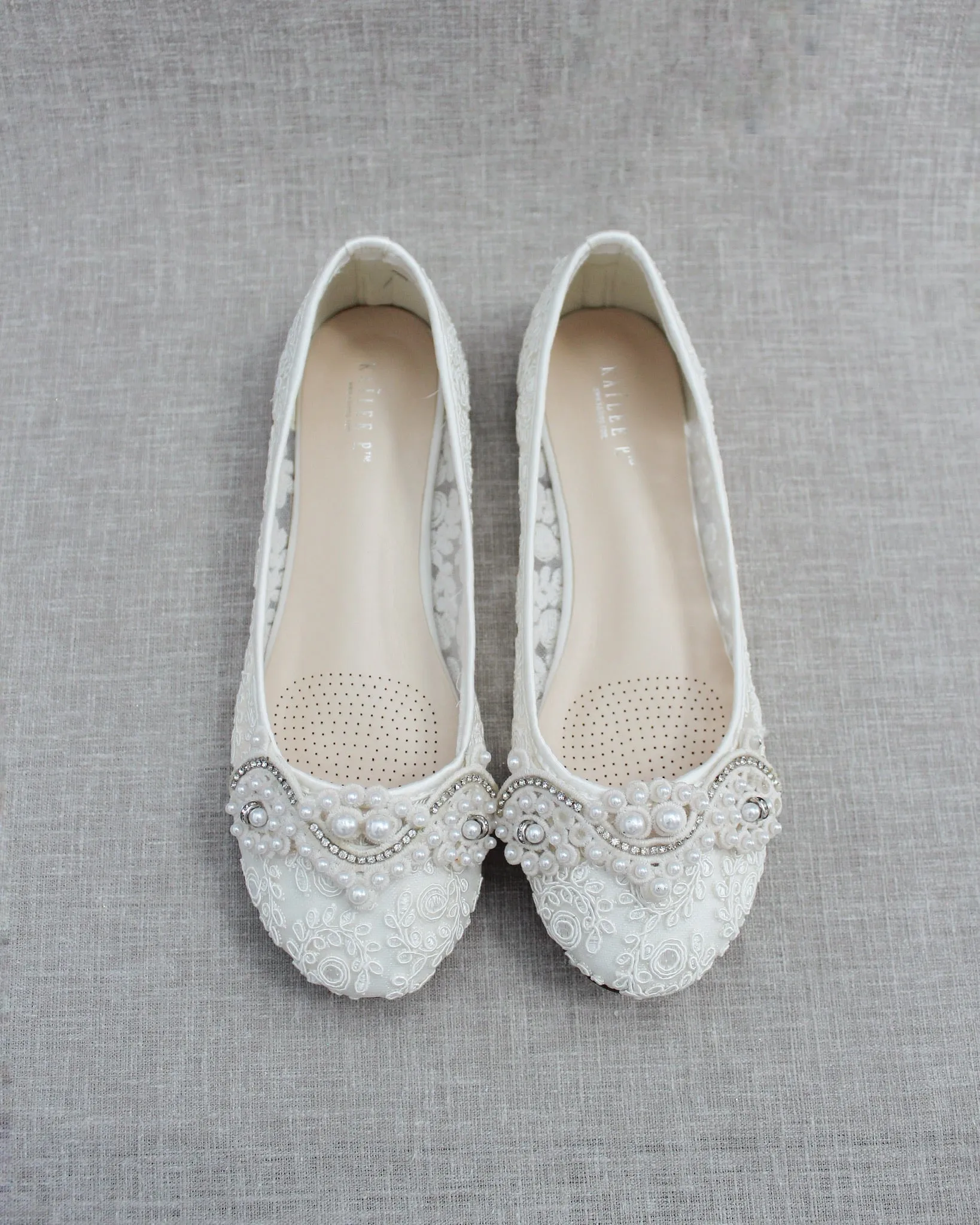 Crochet Lace Round Toe Flats with Small Pearls Applique