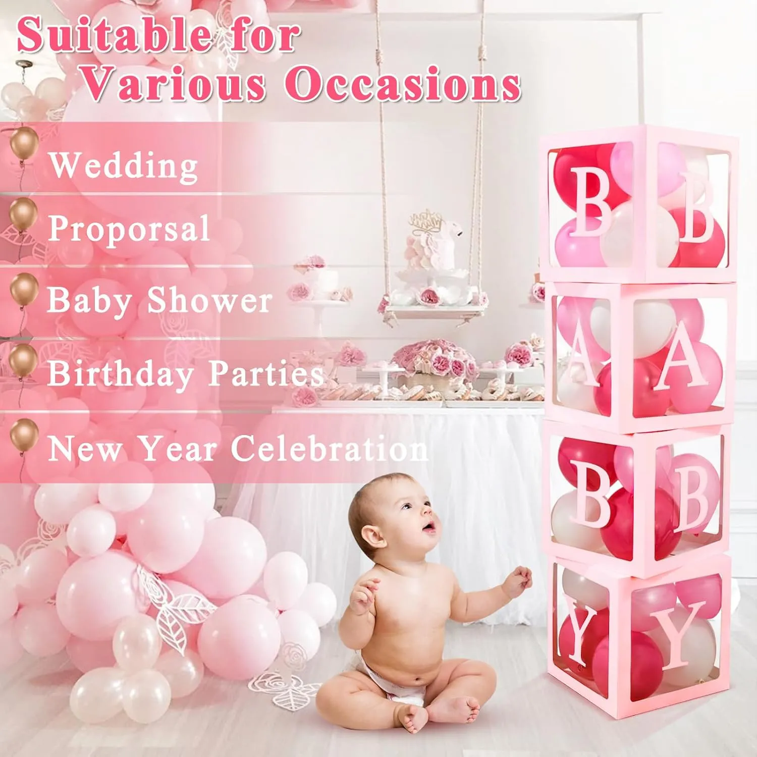 Ledido Baby Boxes with Letters for Baby Shower, Pink Clear Balloon Boxes with 43 Letters for Gender Reveal Wedding Birthday Party Decorations 4PCS