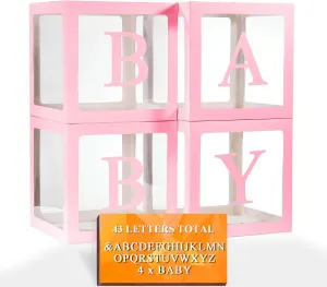Ledido Baby Boxes with Letters for Baby Shower, Pink Clear Balloon Boxes with 43 Letters for Gender Reveal Wedding Birthday Party Decorations 4PCS