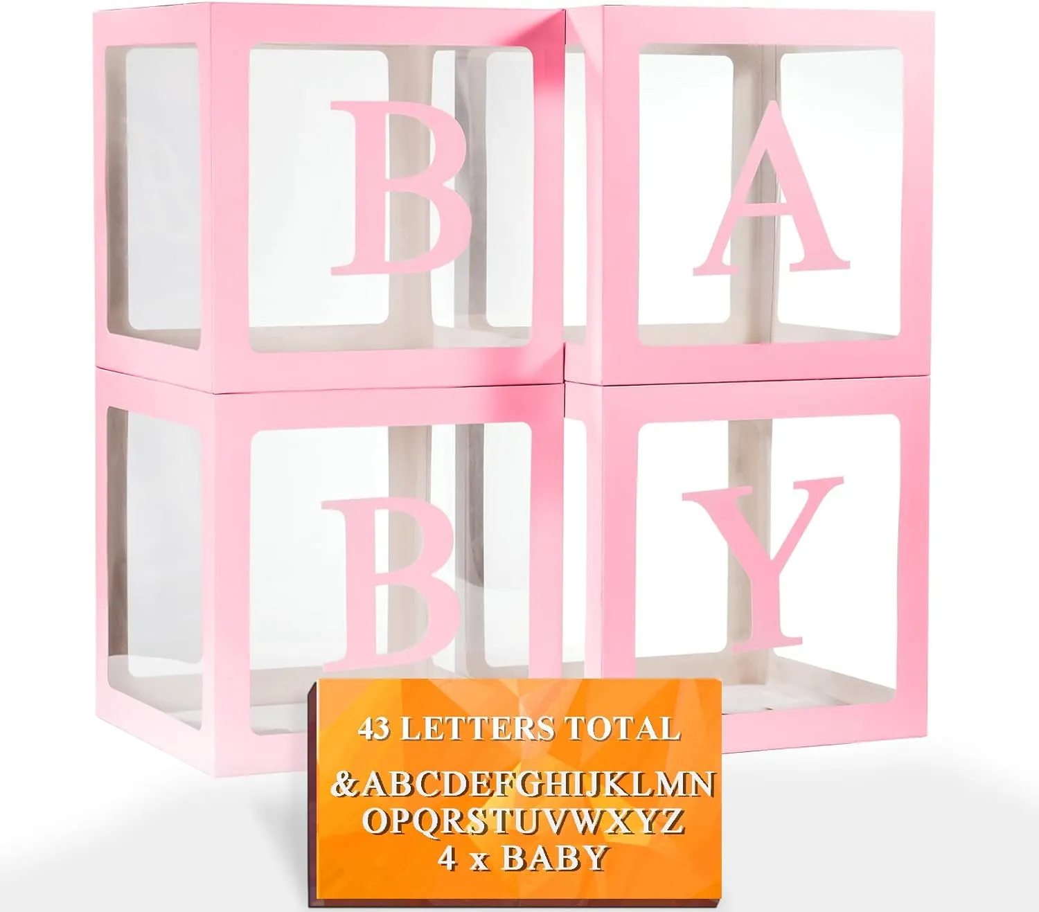 Ledido Baby Boxes with Letters for Baby Shower, Pink Clear Balloon Boxes with 43 Letters for Gender Reveal Wedding Birthday Party Decorations 4PCS