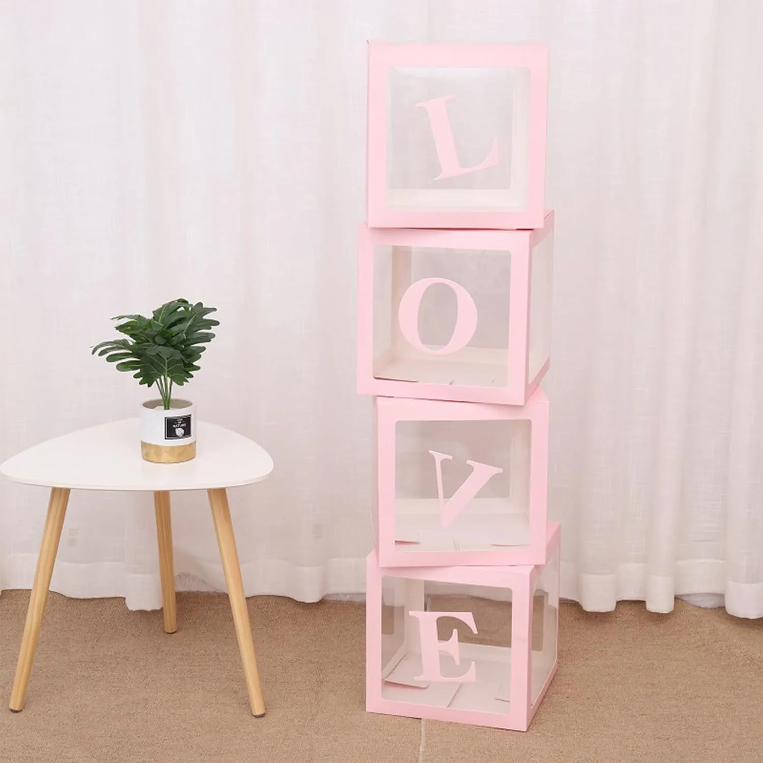 Ledido Baby Boxes with Letters for Baby Shower, Pink Clear Balloon Boxes with 43 Letters for Gender Reveal Wedding Birthday Party Decorations 4PCS