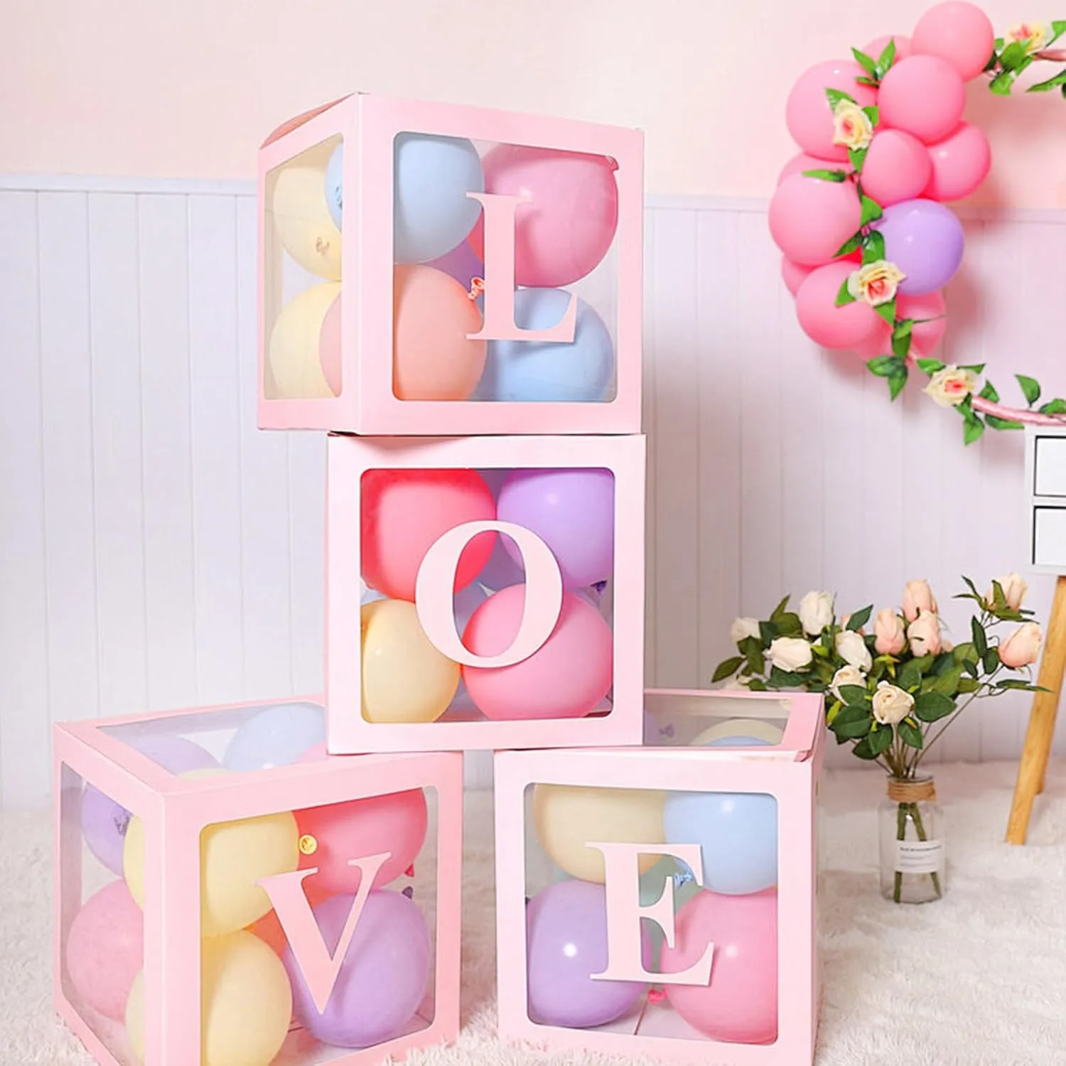 Ledido Baby Boxes with Letters for Baby Shower, Pink Clear Balloon Boxes with 43 Letters for Gender Reveal Wedding Birthday Party Decorations 4PCS