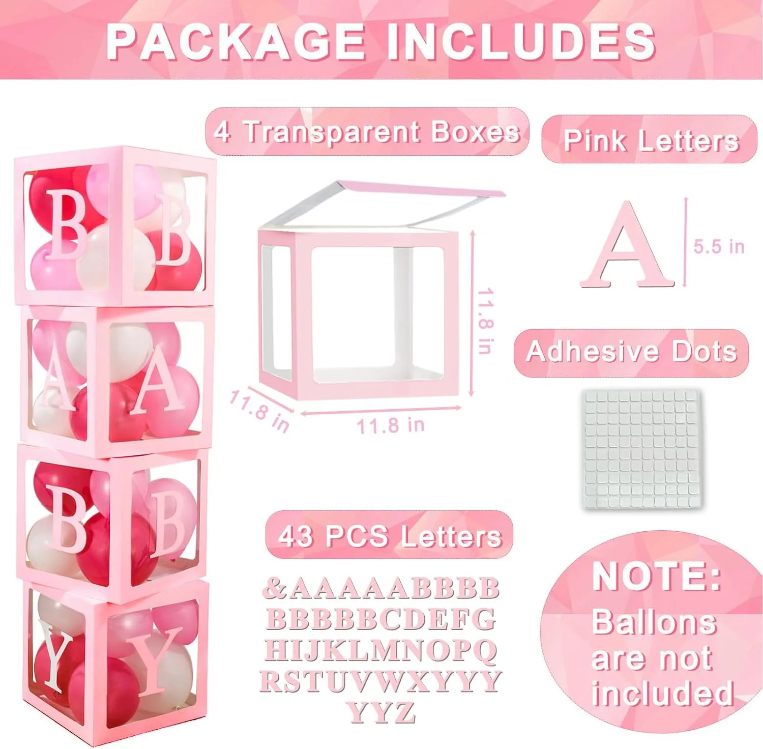 Ledido Baby Boxes with Letters for Baby Shower, Pink Clear Balloon Boxes with 43 Letters for Gender Reveal Wedding Birthday Party Decorations 4PCS