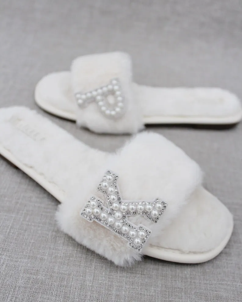 Personalized Faux Fur Slide Flat Wedding Sandals