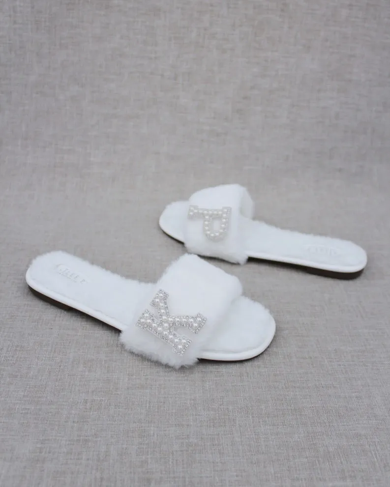 Personalized Faux Fur Slide Flat Wedding Sandals