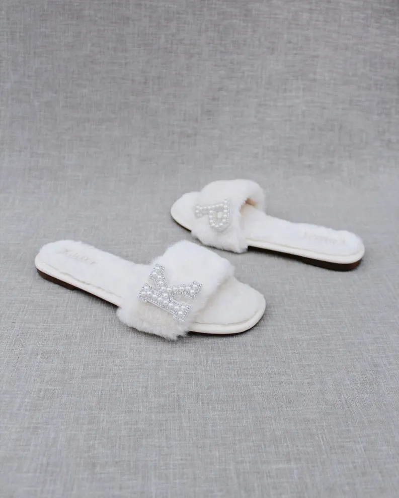 Personalized Faux Fur Slide Flat Wedding Sandals