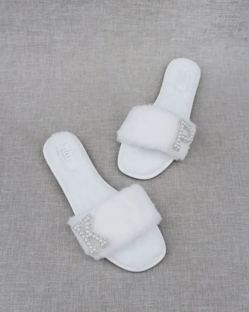 Personalized Faux Fur Slide Flat Wedding Sandals