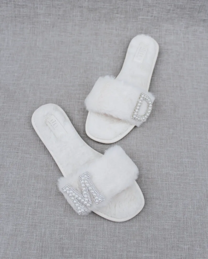 Personalized Faux Fur Slide Flat Wedding Sandals