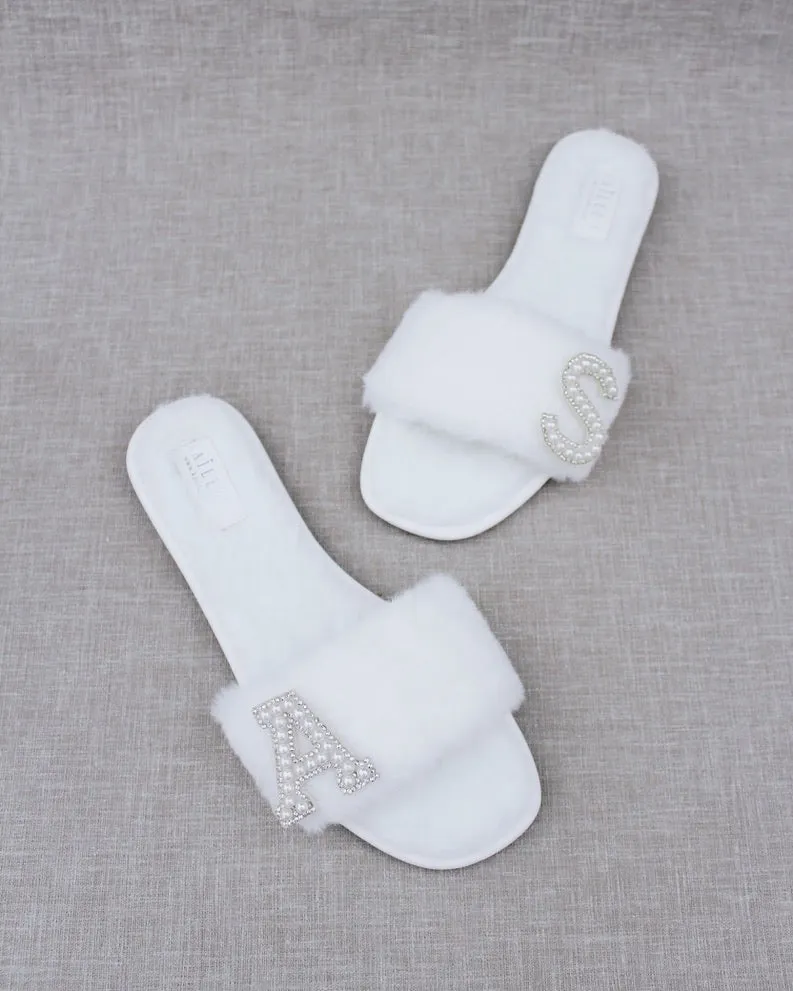 Personalized Faux Fur Slide Flat Wedding Sandals
