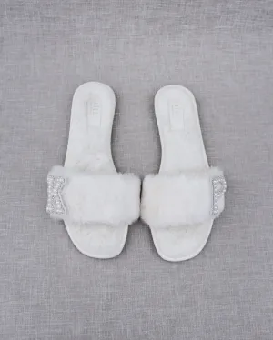 Personalized Faux Fur Slide Flat Wedding Sandals