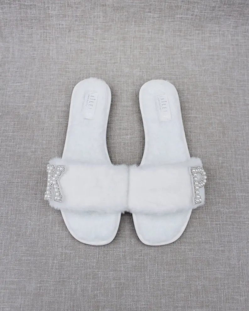 Personalized Faux Fur Slide Flat Wedding Sandals