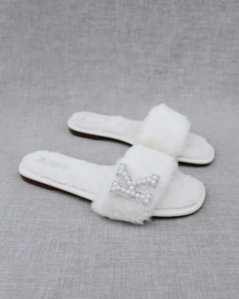 Personalized Faux Fur Slide Flat Wedding Sandals