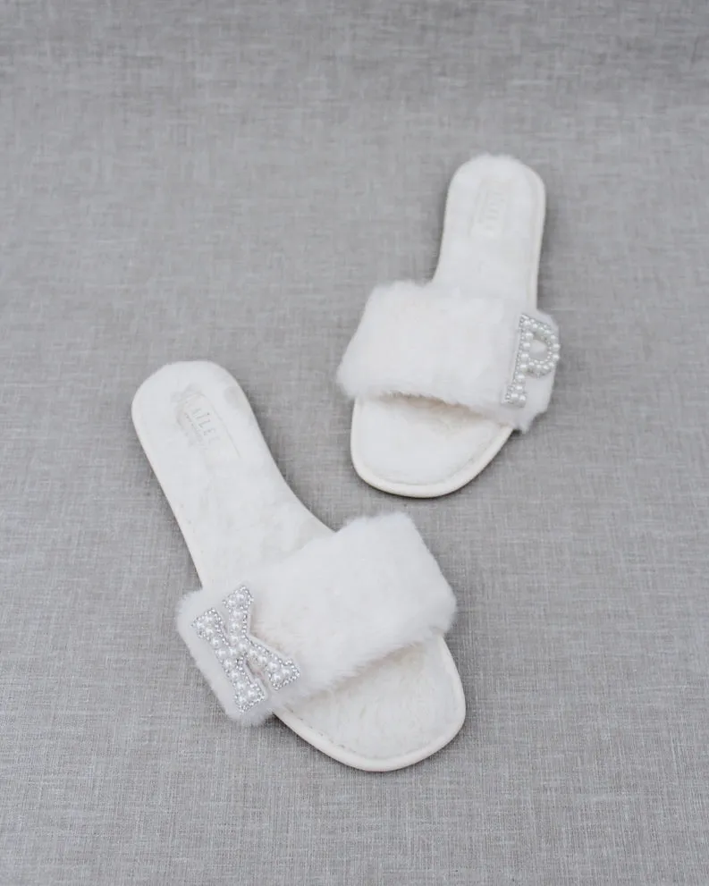Personalized Faux Fur Slide Flat Wedding Sandals