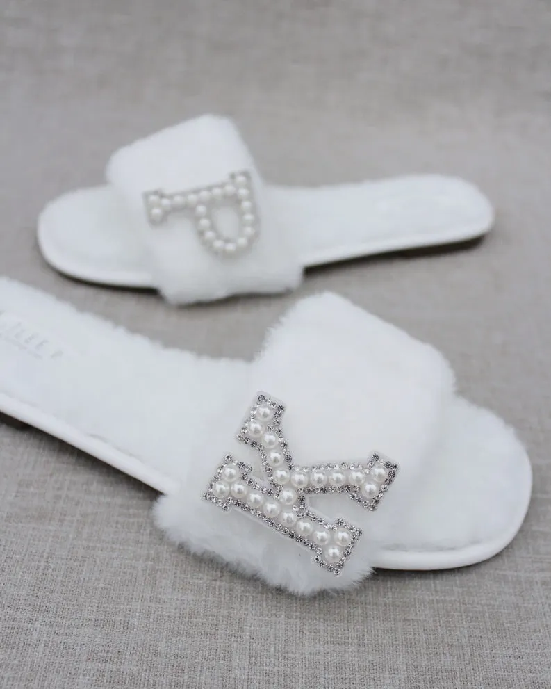 Personalized Faux Fur Slide Flat Wedding Sandals