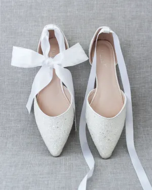 Rock Glitter Pointy Toe Flats with Satin Ankle Tie or Ballerina Lace Up