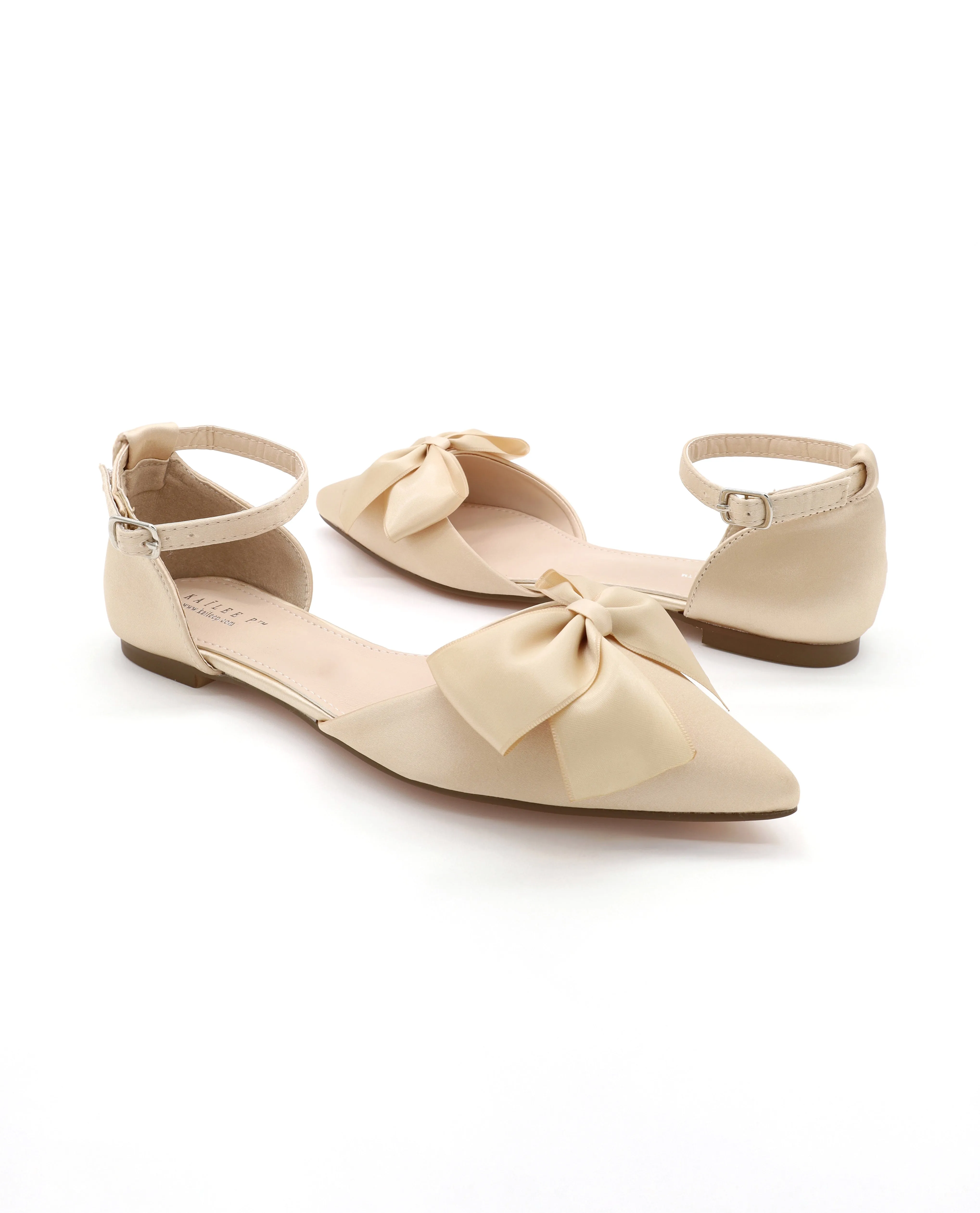 Satin Pointy Toe flats with Front Satin Bow