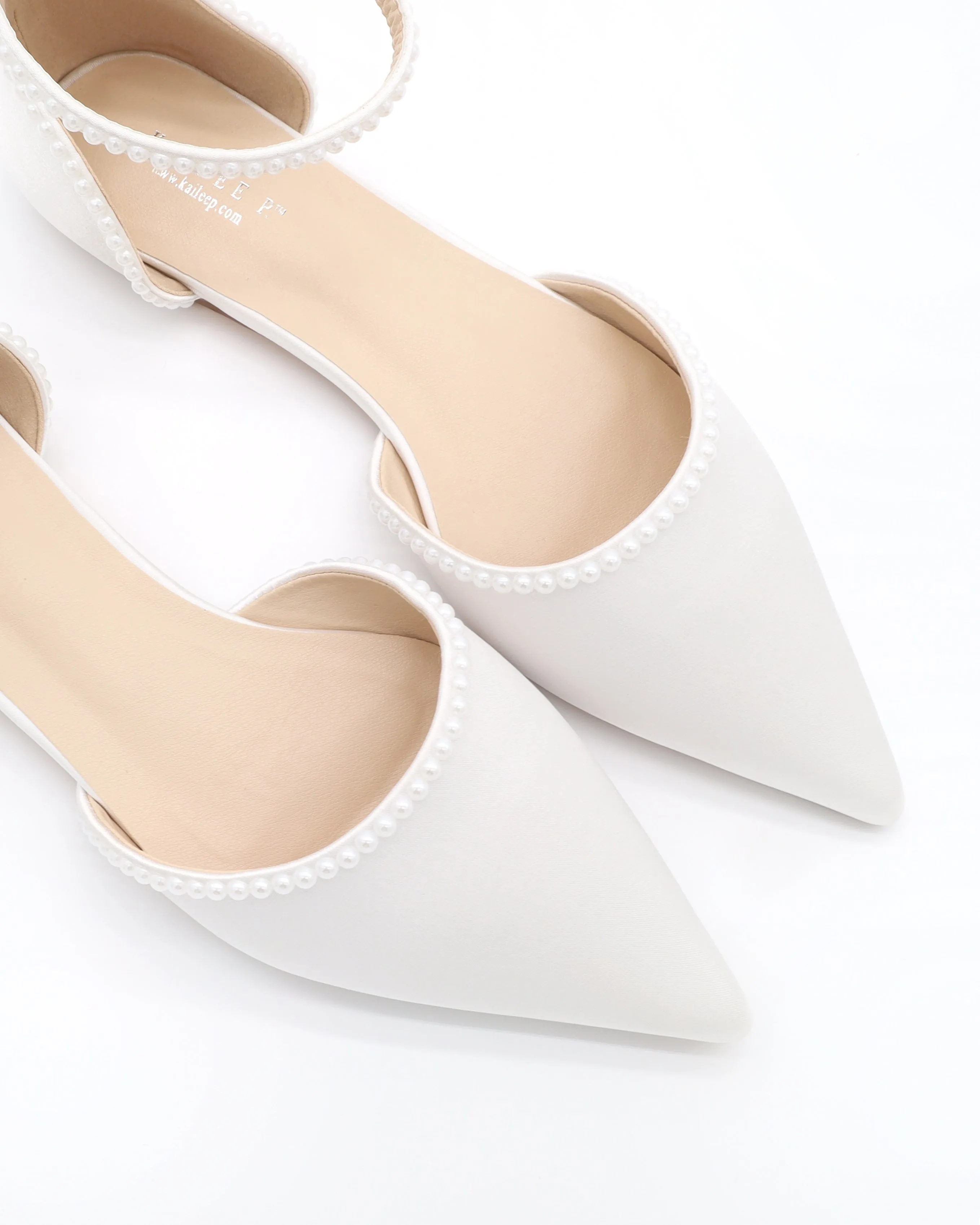 Satin Pointy Toe Flats with Mini Pearls and Ankle Strap