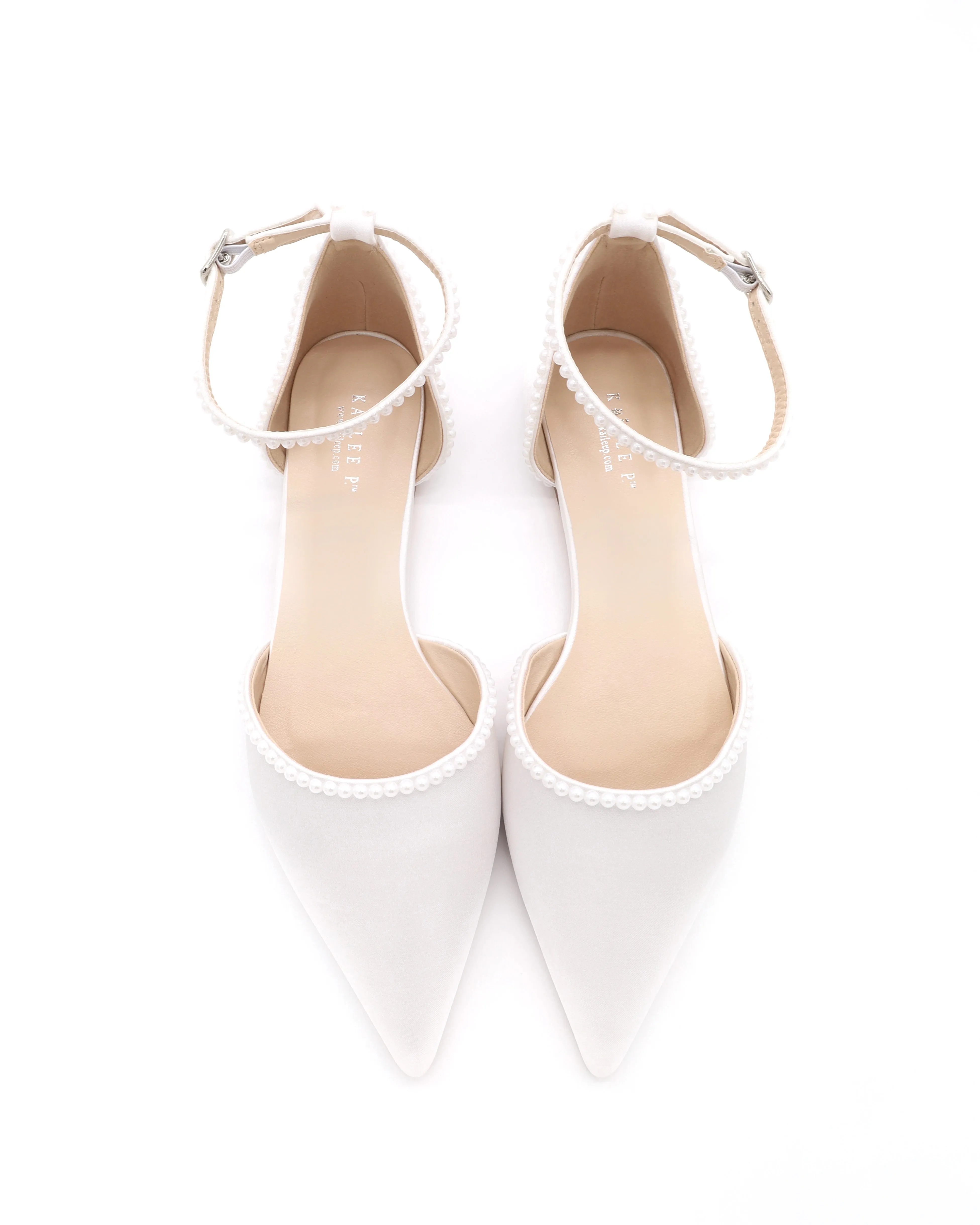 Satin Pointy Toe Flats with Mini Pearls and Ankle Strap