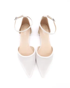 Satin Pointy Toe Flats with Mini Pearls and Ankle Strap
