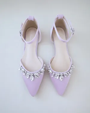 Satin Pointy Toe Flats with Teardrop Rhinestones