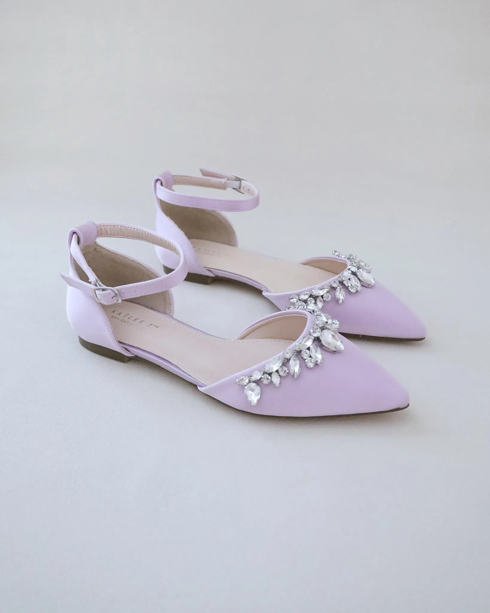 Satin Pointy Toe Flats with Teardrop Rhinestones