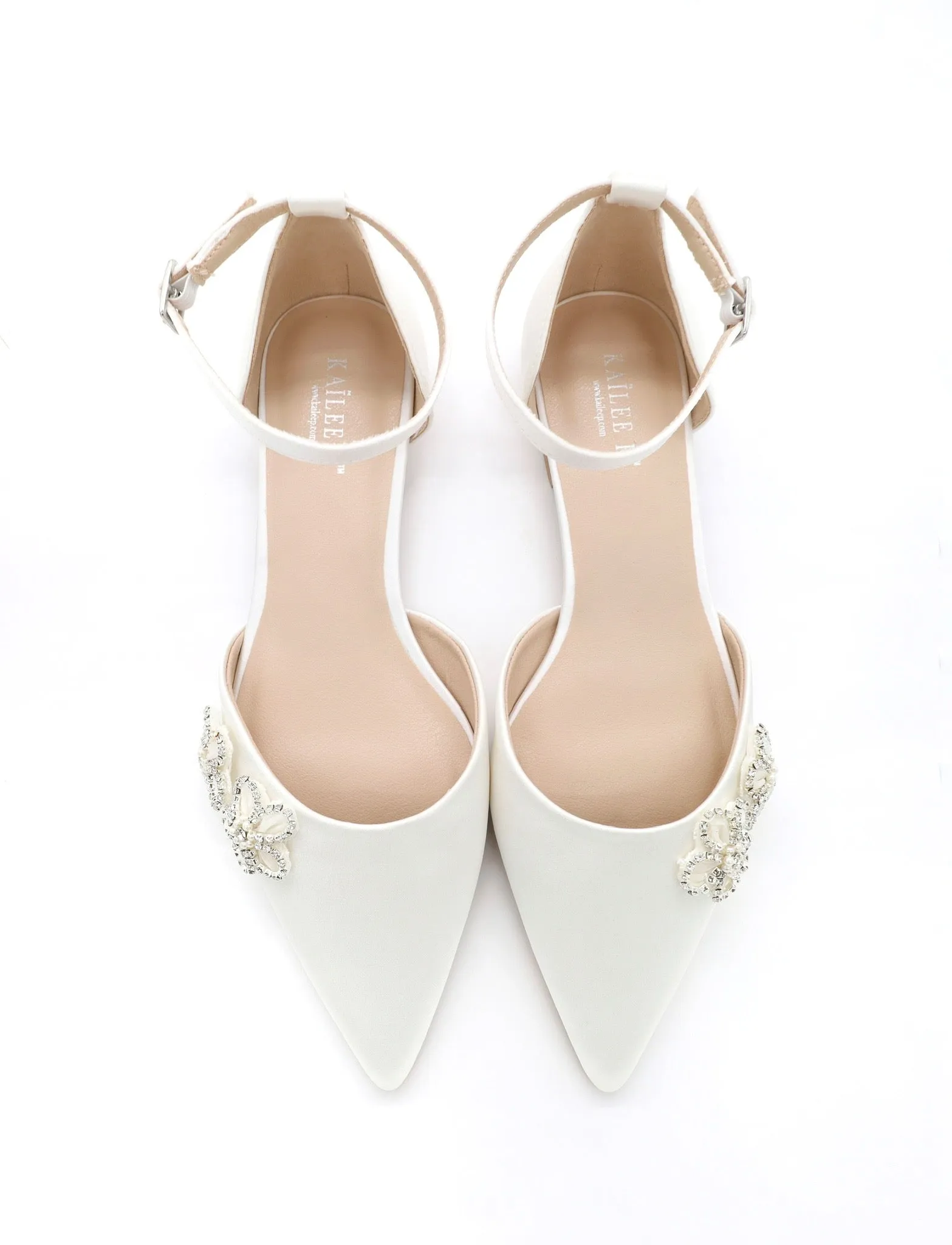 Satin Pointy Toe Wedding Flats with Rhinestones Chassia Flower