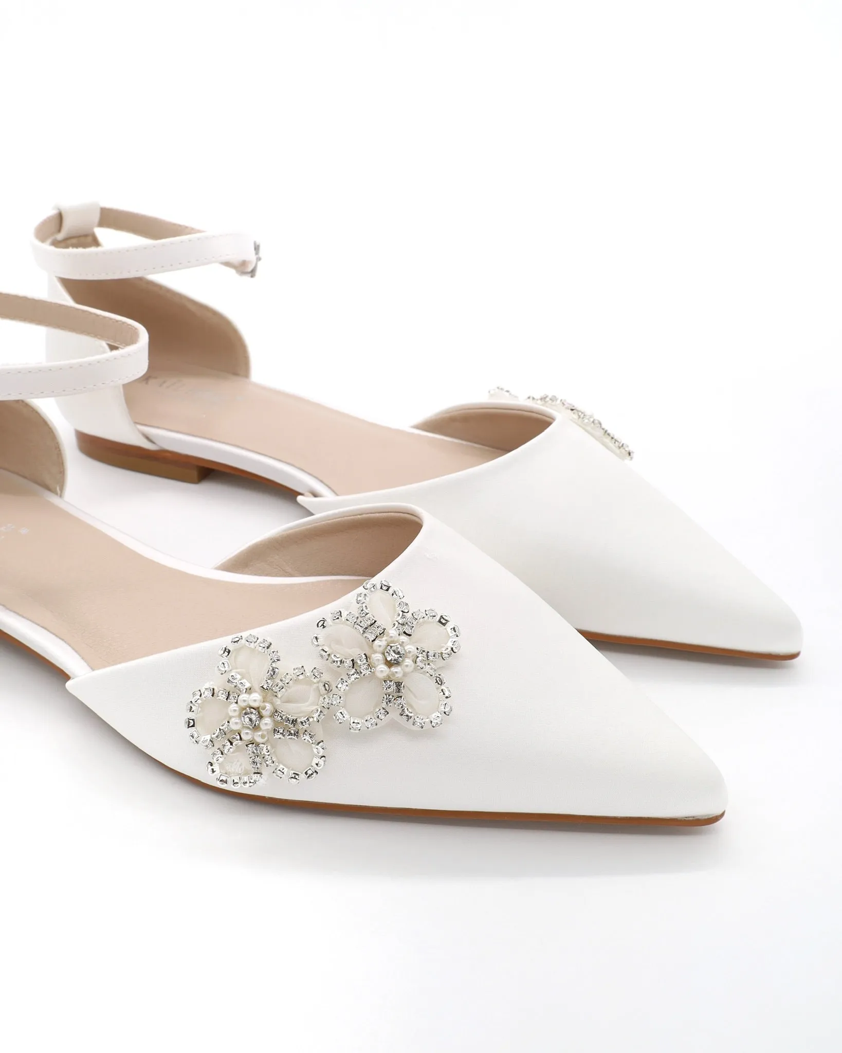 Satin Pointy Toe Wedding Flats with Rhinestones Chassia Flower