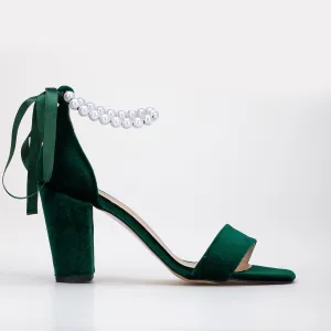 Sophia - Green Velvet Pearl Wedding Sandals