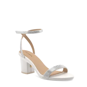 The Brenna White Leather Rhinestone   Block Heel Kit 3 White