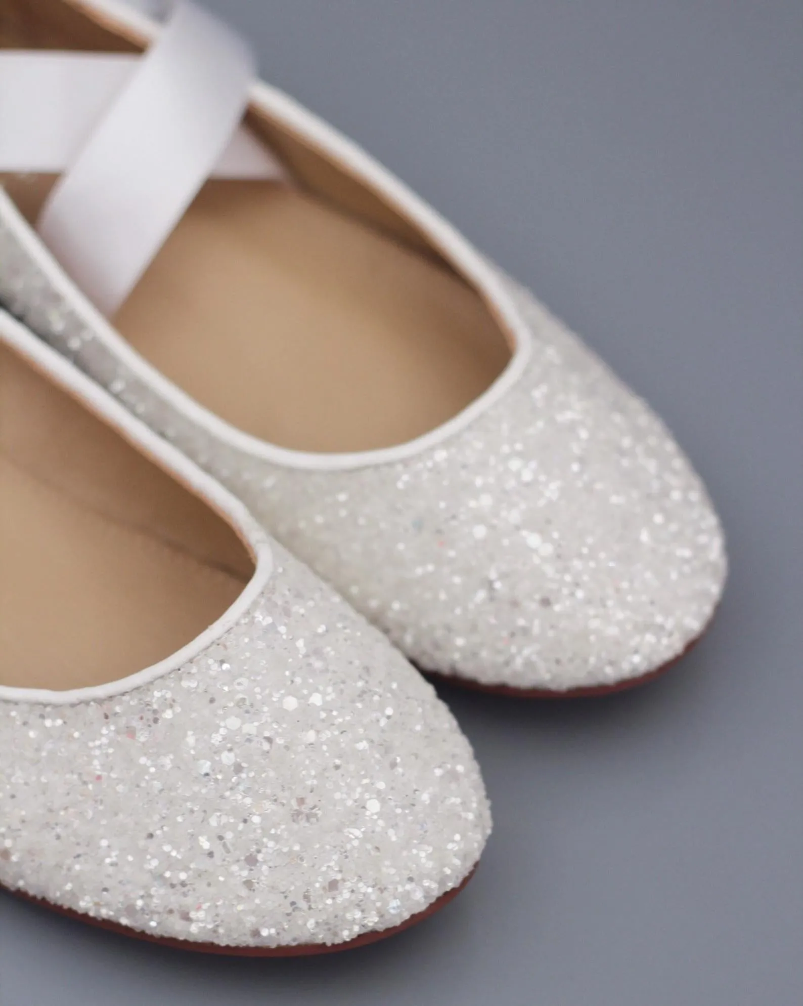 White Glitter Flats with Satin Ties