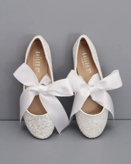 White Glitter Flats with Satin Ties