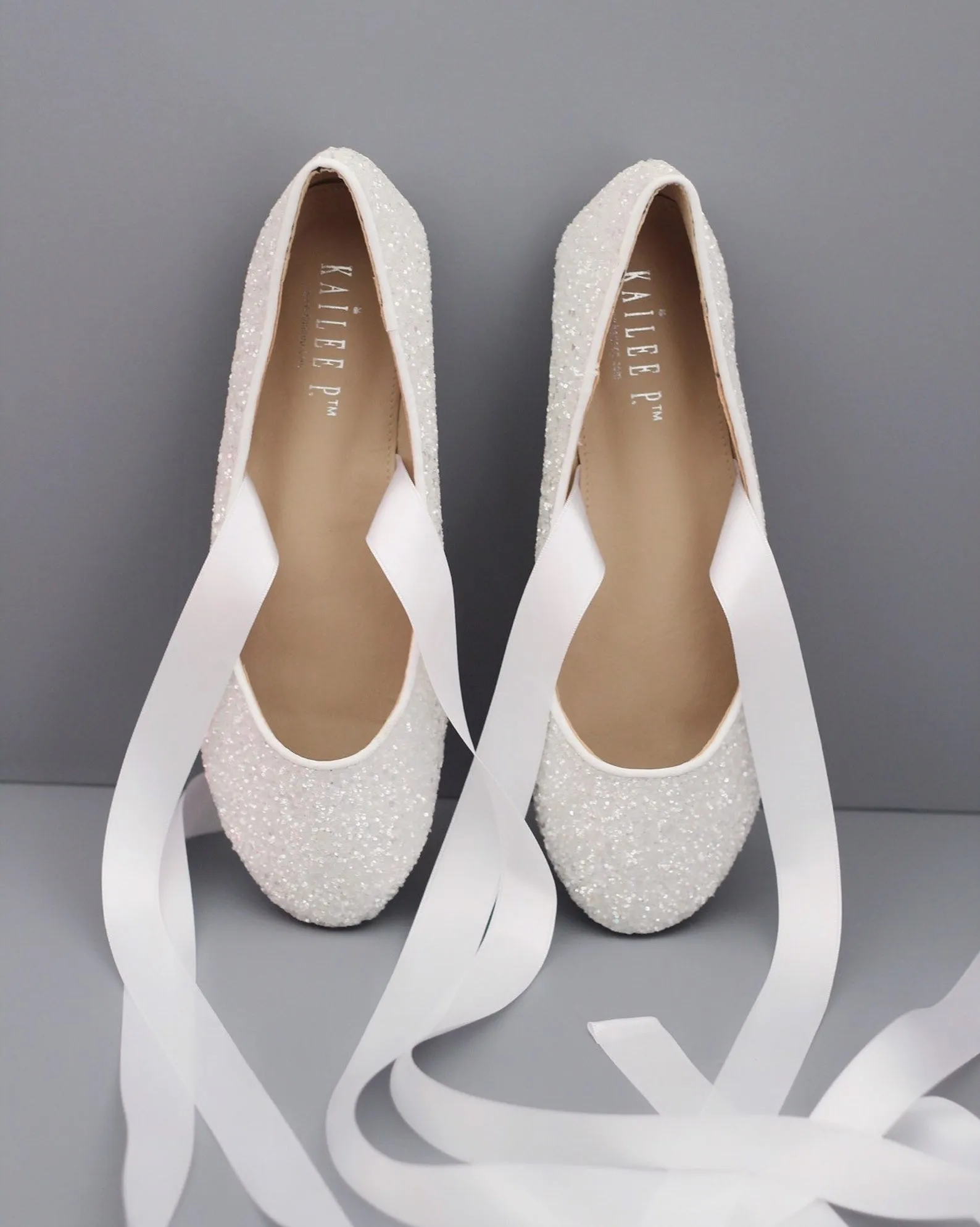 White Glitter Flats with Satin Ties