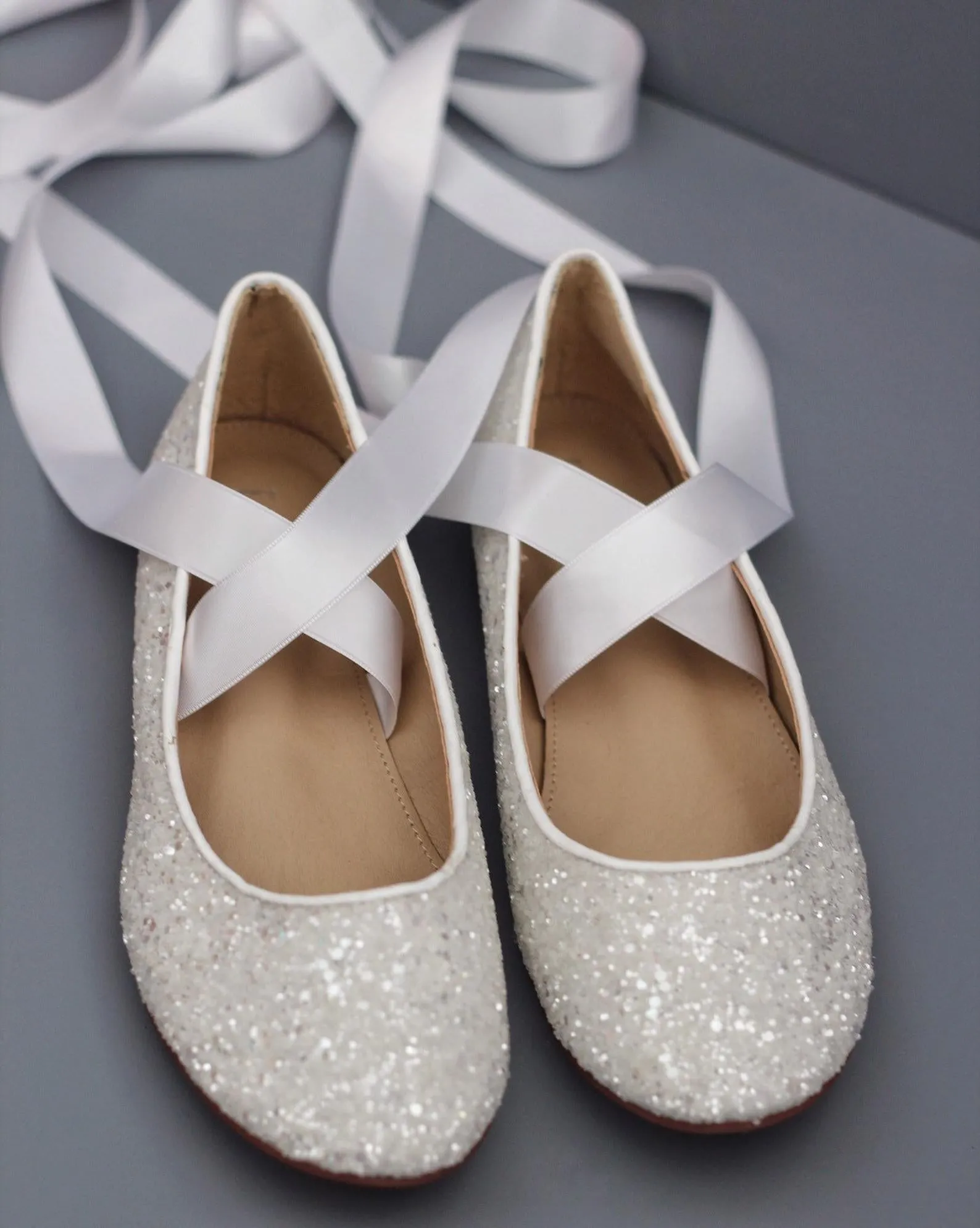 White Glitter Flats with Satin Ties