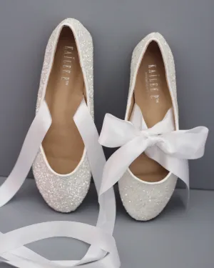 White Glitter Flats with Satin Ties
