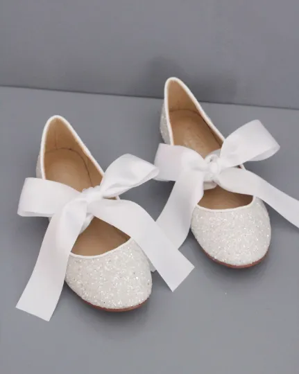 White Glitter Flats with Satin Ties
