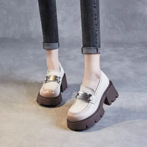 Women Retro Casual Leather Chunky Platform Loafers