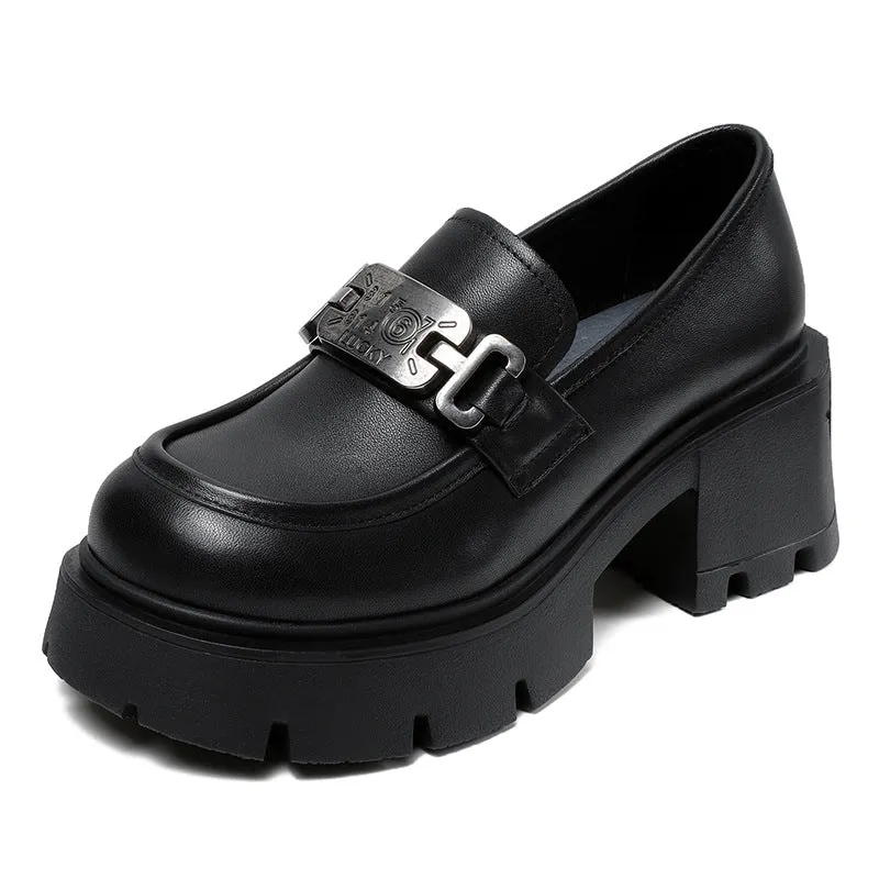 Women Retro Casual Leather Chunky Platform Loafers
